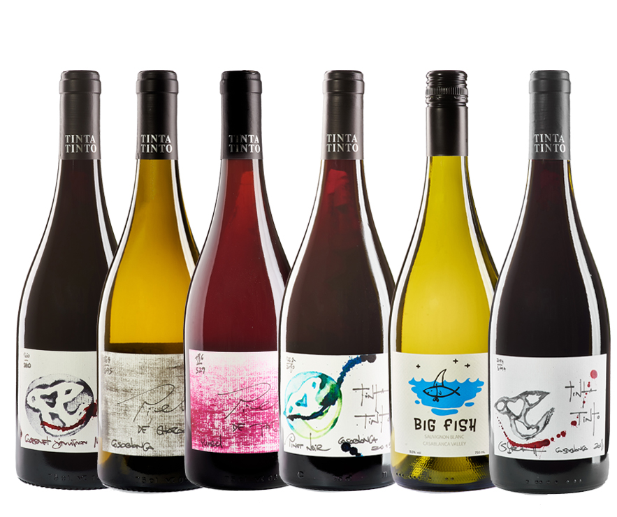 Línea de vinos Tinta Tinto: Cabernet Sauvignon, Chardonnay, País, Pinot Noir, Sauvignon Blanc y Syrah